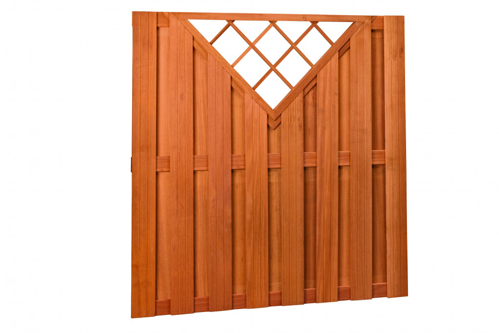 Plankenscherm | Hardhouten | geschaafd | 18 planken van 14 mm | 180 x 180 cm | verticaal met V-trellis | Onbehandeld