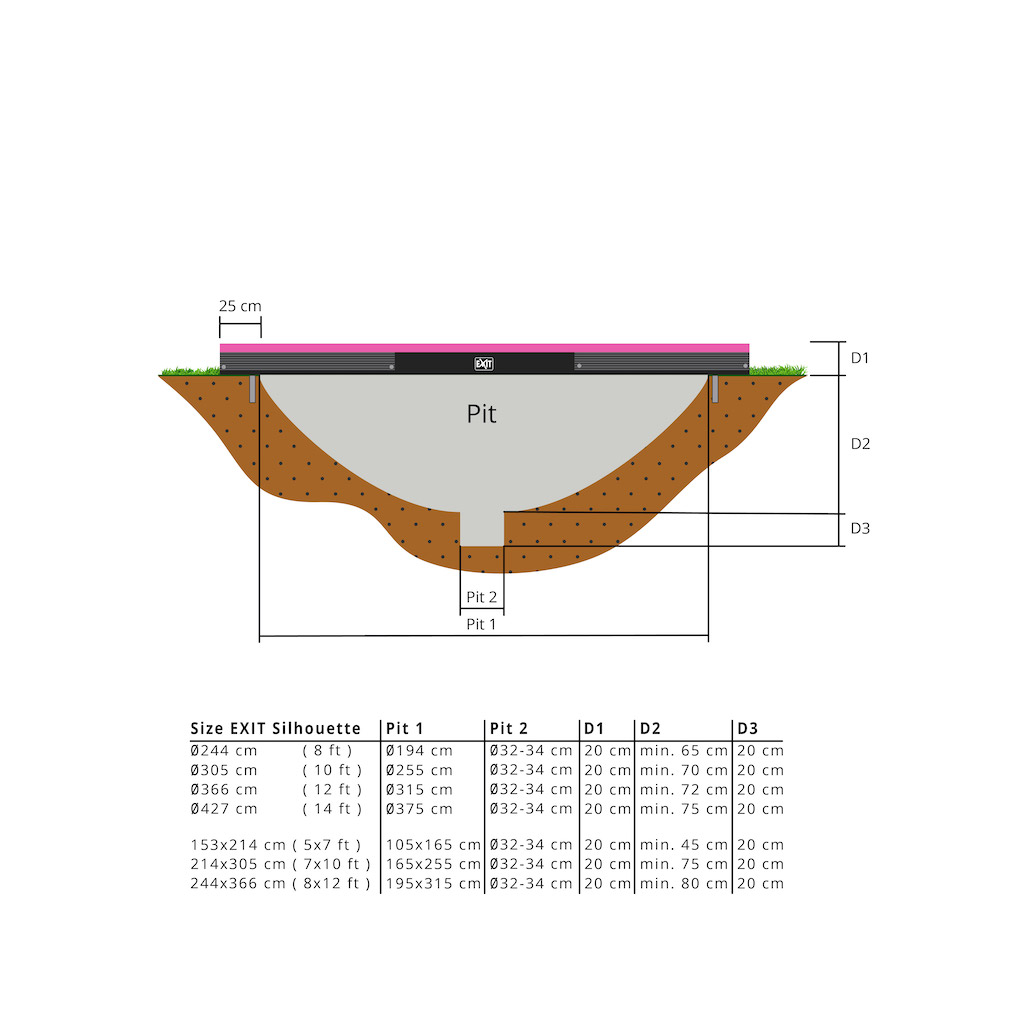 Trampoline de sol EXIT Silhouette 244x366cm avec filet de s&eacute;curit&eacute; - rose