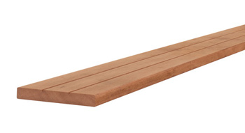 <BIG> <B> Platelage profilé en bois dur, 1 rainure en V latérale, 1 côté lisse, 2,8 x 19 x 365 cm. </B> </BIG>