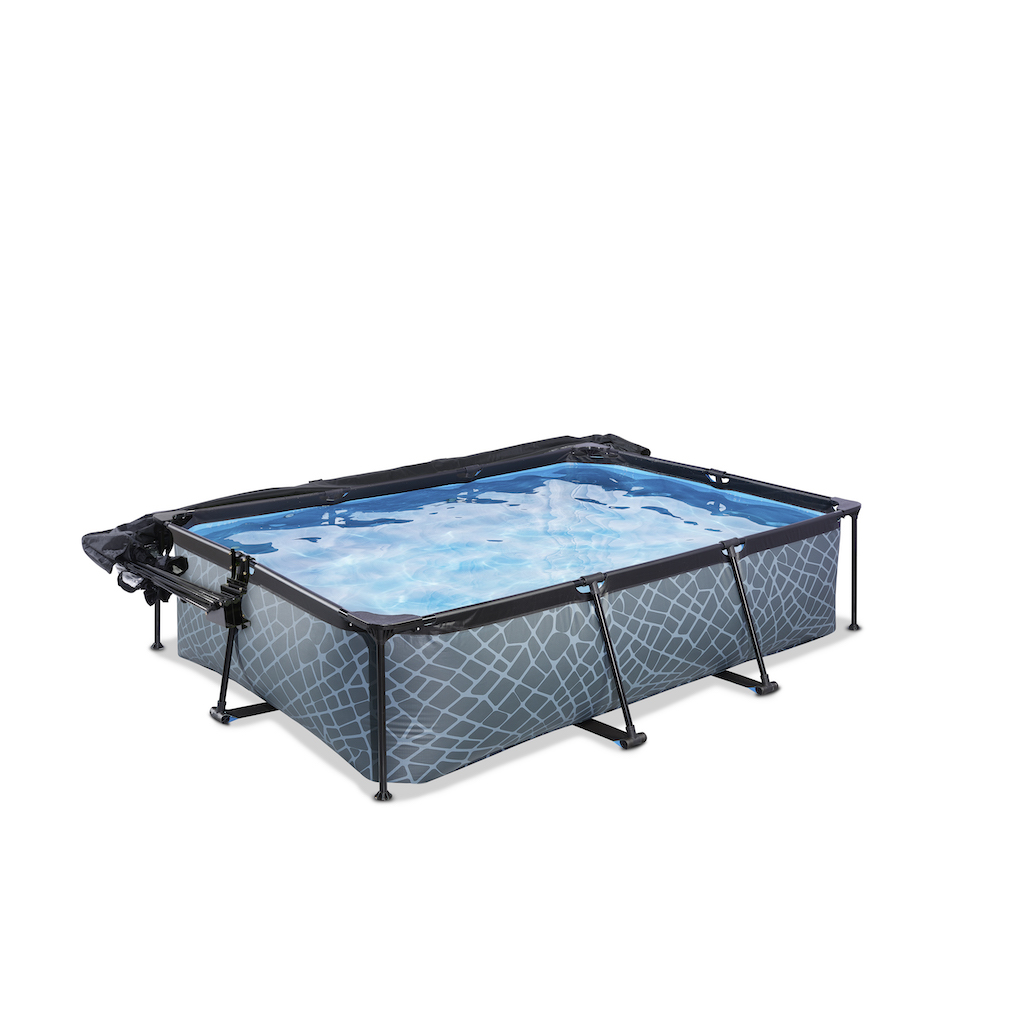 EXIT Stone zwembad 220x150x65cm met overkapping, schaduwdoek en filterpomp - grijs