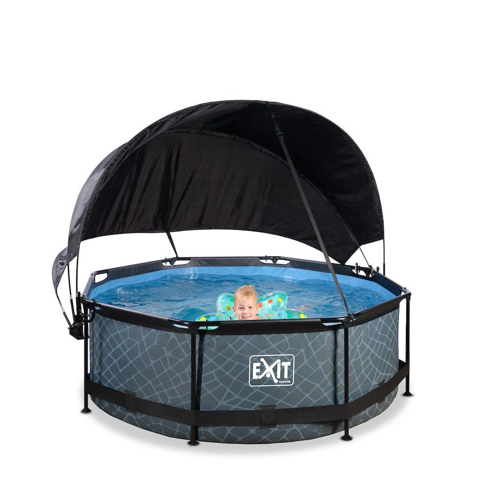 EXIT Piscine en pierre diamètre 244x76cm avec toile d'ombrage et pompe de filtration - gris