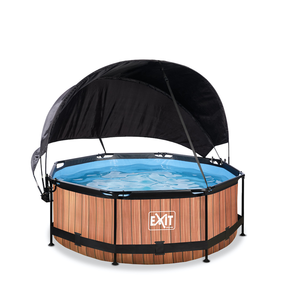 EXIT Piscine bois diamètre 244x76cm avec toile d'ombrage et pompe de filtration - marron