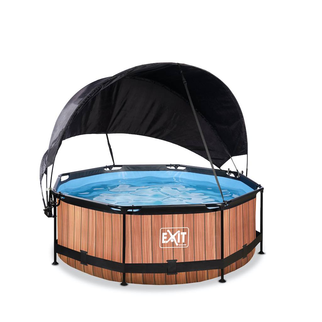 EXIT Wood zwembad ø244x76cm met schaduwdoek en filterpomp - bruin
