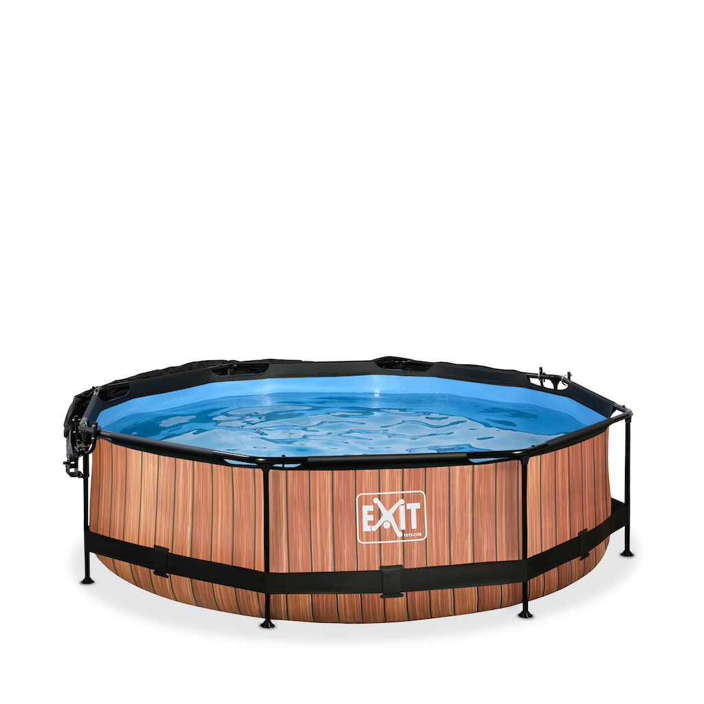 EXIT Piscine bois diamètre 300x76cm avec toile d'ombrage et pompe de filtration - marron
