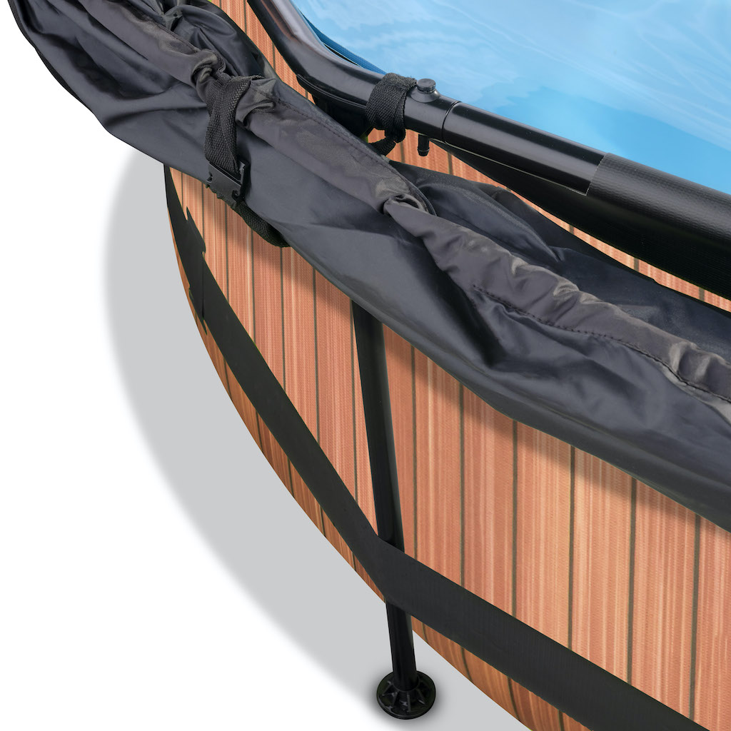 EXIT Piscine bois diamètre 360x76cm avec toile d'ombrage et pompe de filtration - marron