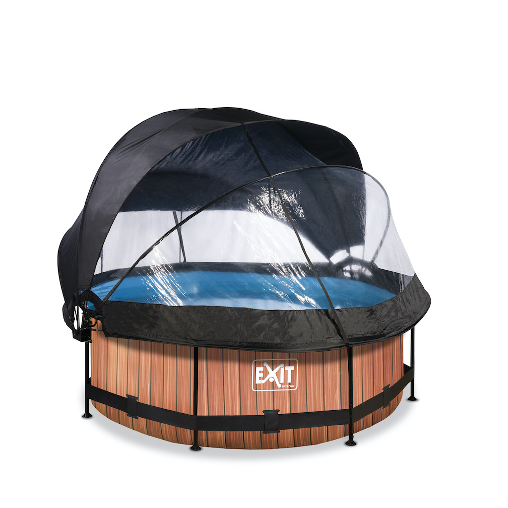 EXIT Wood zwembad &#248;244x76cm met overkapping, schaduwdoek en filterpomp - bruin