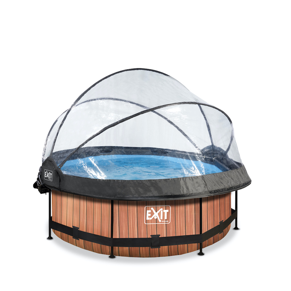 EXIT Wood zwembad diameter 244x76cm met overkapping, schaduwdoek en filterpomp - bruin