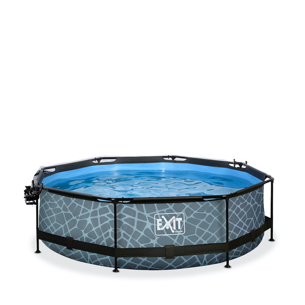 EXIT Stone zwembad ø300x76cm met overkapping, schaduwdoek en filterpomp - grijs