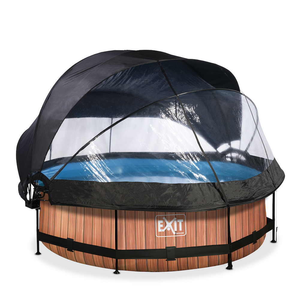 EXIT Wood zwembad &#248;300x76cm met overkapping, schaduwdoek en filterpomp - bruin