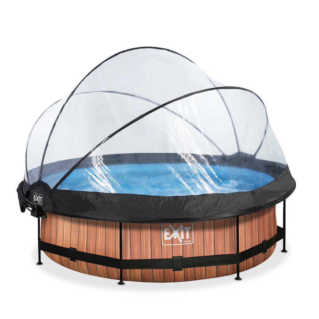 EXIT Wood zwembad ø300x76cm met overkapping, schaduwdoek en filterpomp - bruin