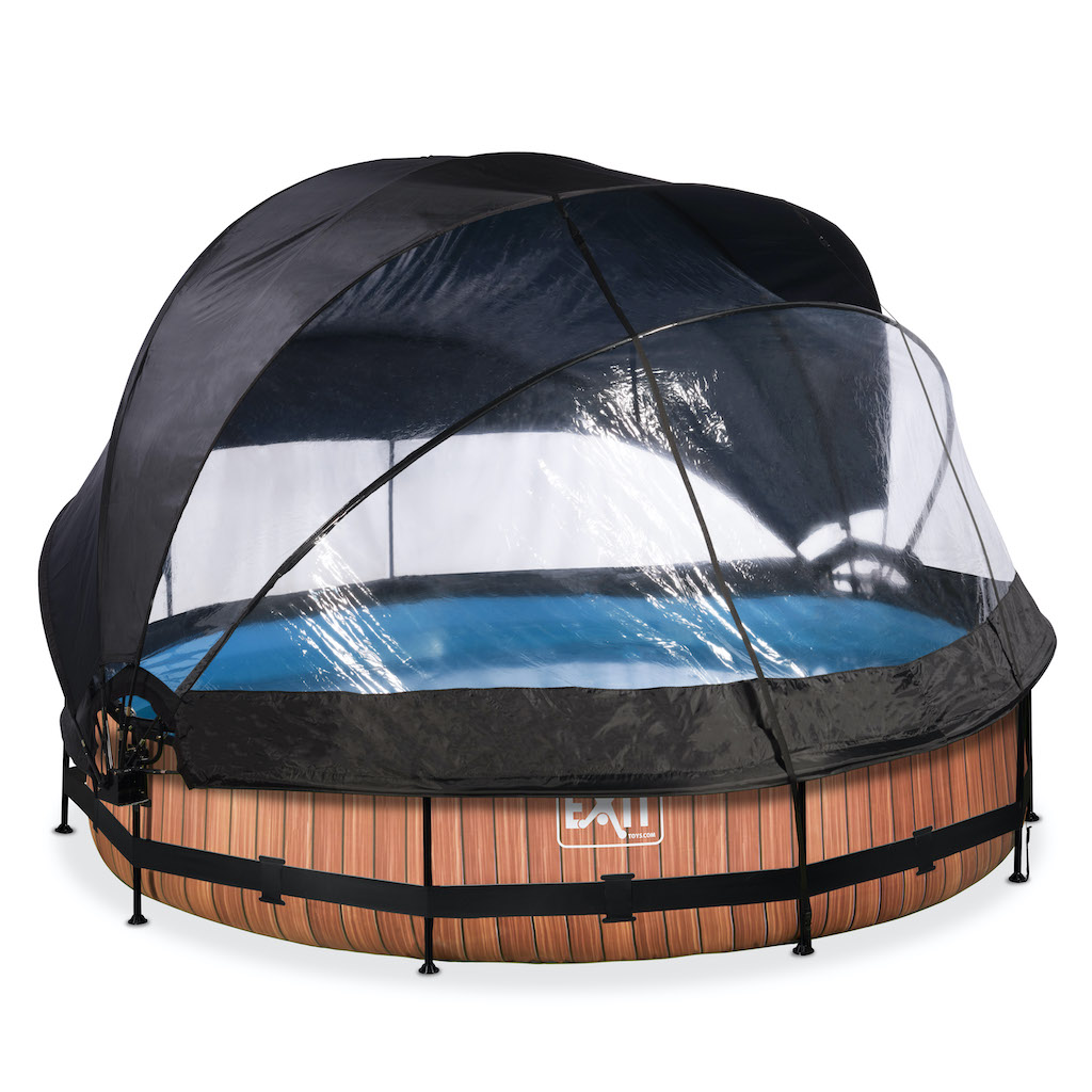 EXIT Wood zwembad &#248;360x76cm met overkapping, schaduwdoek en filterpomp - bruin