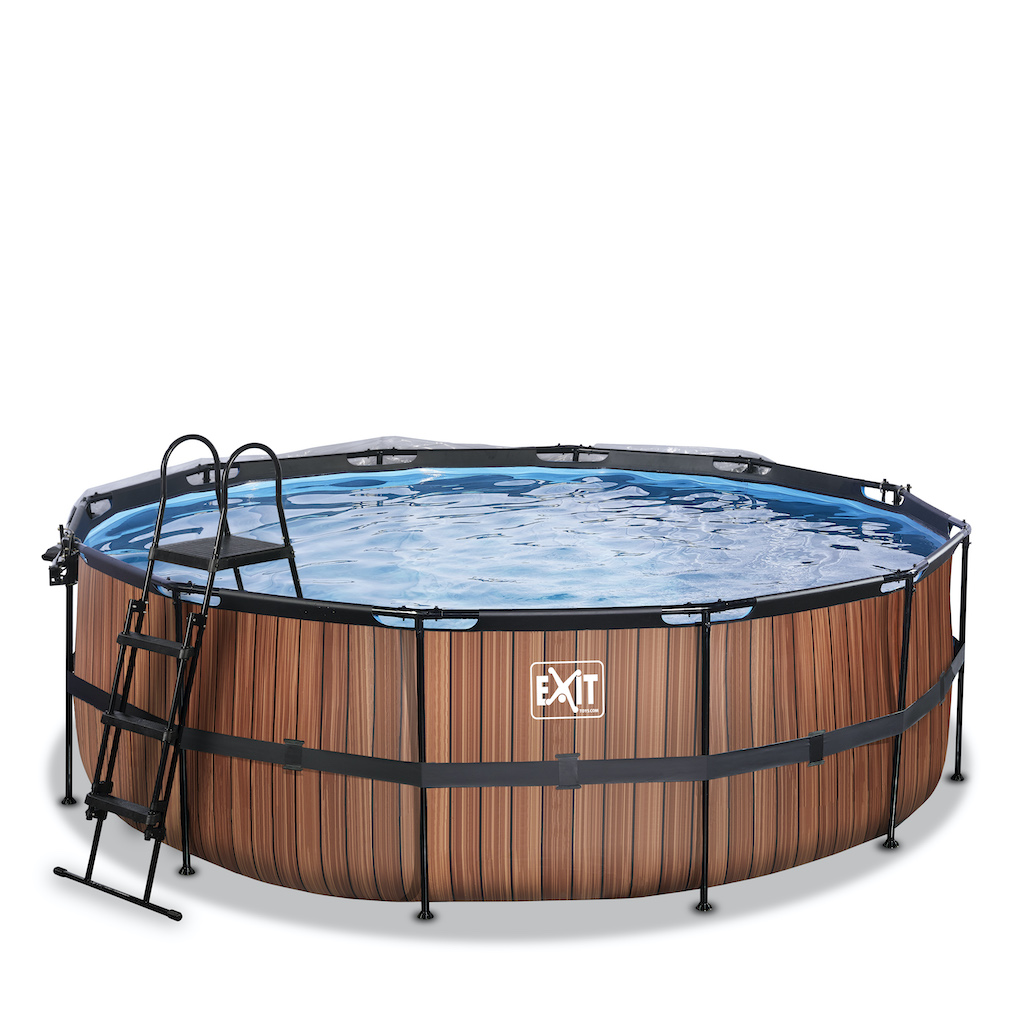 EXIT Piscine bois diamètre 427x122cm avec couverture et pompe filtre à sable - marron