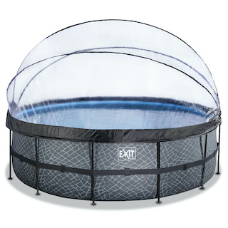 EXIT Stone piscine ø450x122cm avec auvent et pompe filtre &agrave; sable - gris