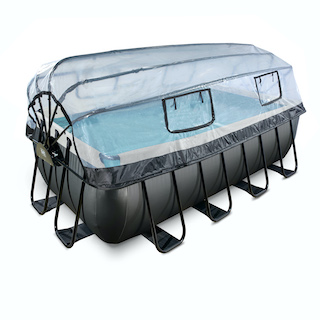 EXIT Piscine en cuir noir 400x200x122cm avec couvercle et pompe &agrave; filtre &agrave; sable - noir