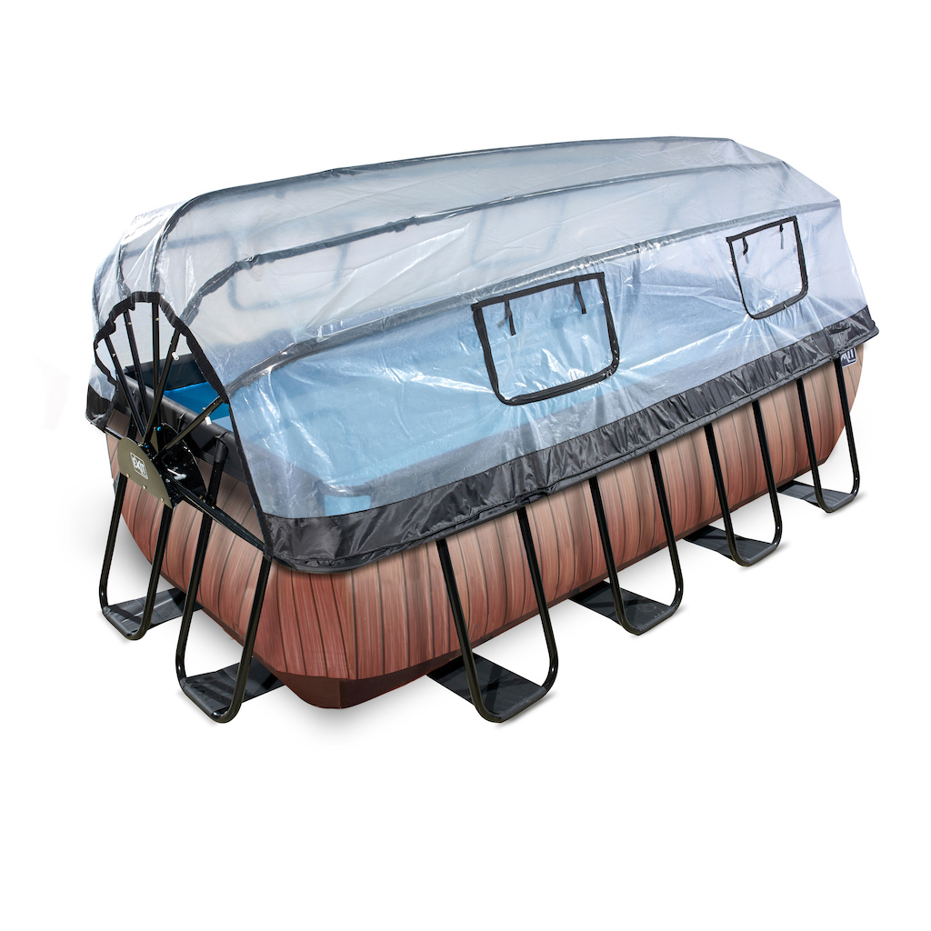 EXIT Piscine bois 400x200x100cm avec toit et filtre à sable et pompe à chaleur - marron