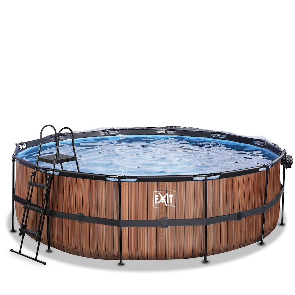 EXIT Wood zwembad ø450x122cm met overkapping en zandfilter- en warmtepomp - bruin