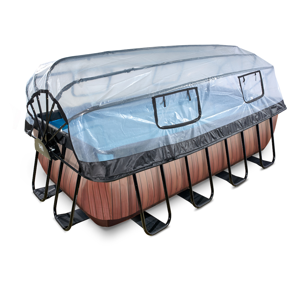 EXIT Piscine bois 400x200x122cm avec toit et filtre à sable et pompe à chaleur - marron