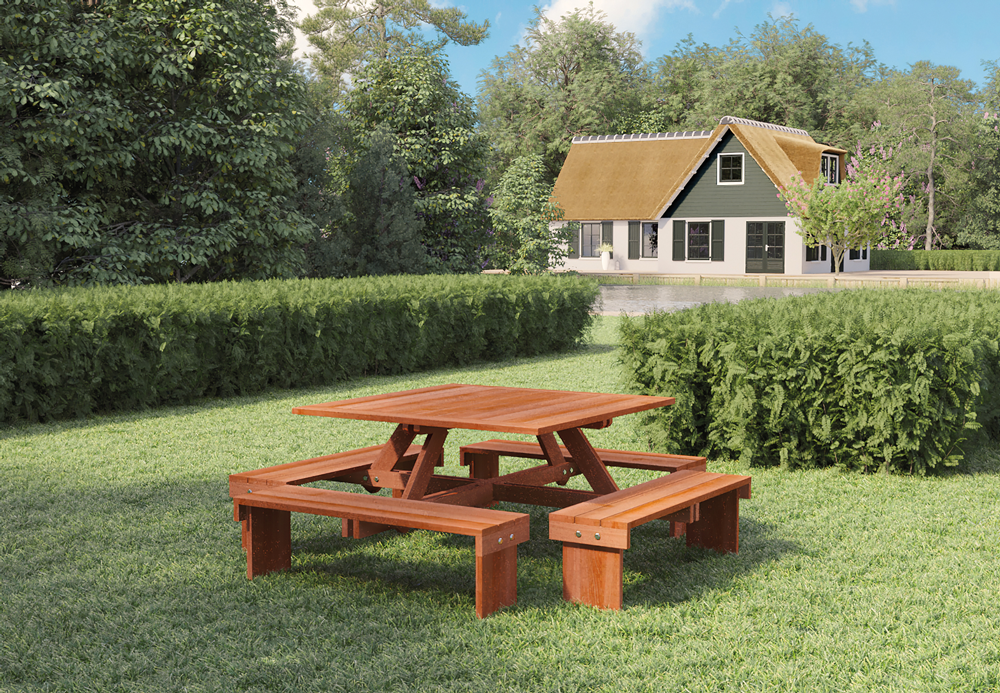 Table de pique-nique carrée en bois dur (210 x 210 cm)